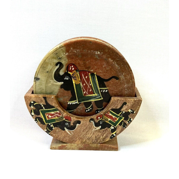 Royal Set of 6 Hand Carved Marble Bar Coaster with Hand-painted Elephant Design - Picture 1 of 7